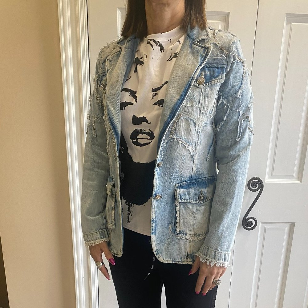 DiShe Jeans Milano Women Distressed Denim Jacket w/ Rhinestones Size L NWT